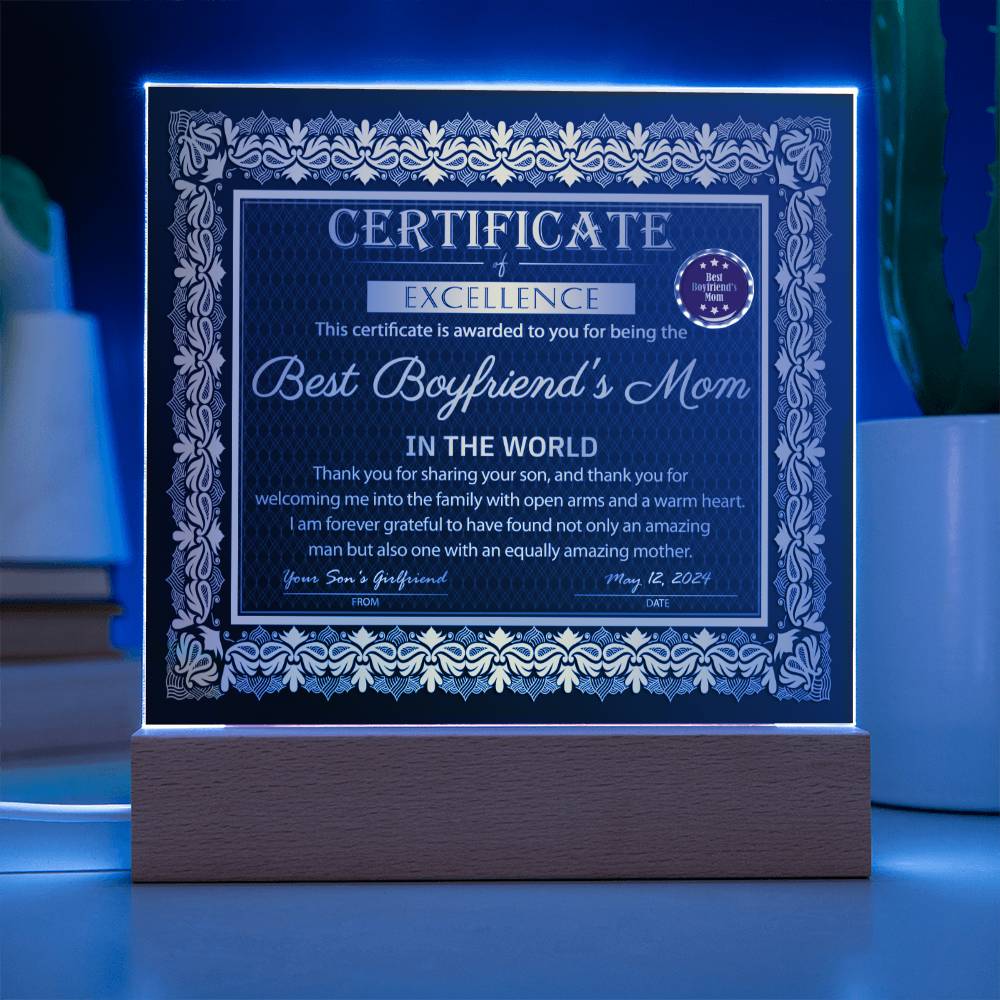 Best Boyfriend's Mom Certificate - Acrylic Display Centerpiece For Boyfriend's Mom