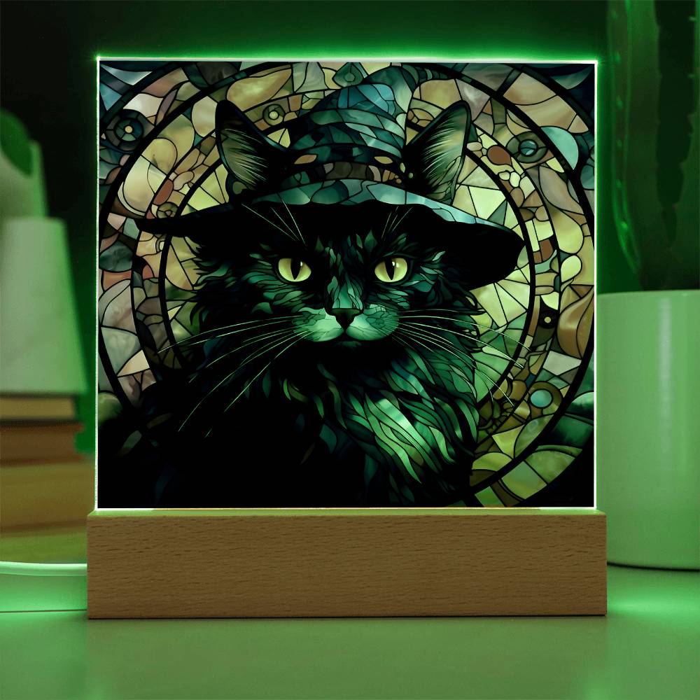 Black Cat Stained Glass Halloween-Themed Acrylic Display Centerpiece