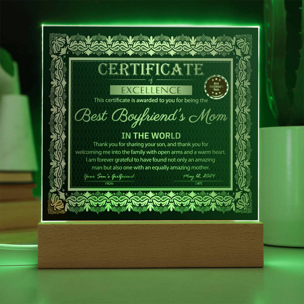 Best Boyfriend's Mom Certificate - Acrylic Display Centerpiece For Boyfriend's Mom