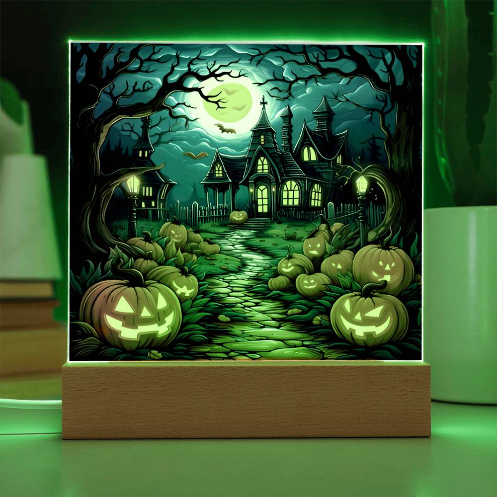 Haunted House Stained Glass Halloween-Themed Acrylic Display Centerpiece