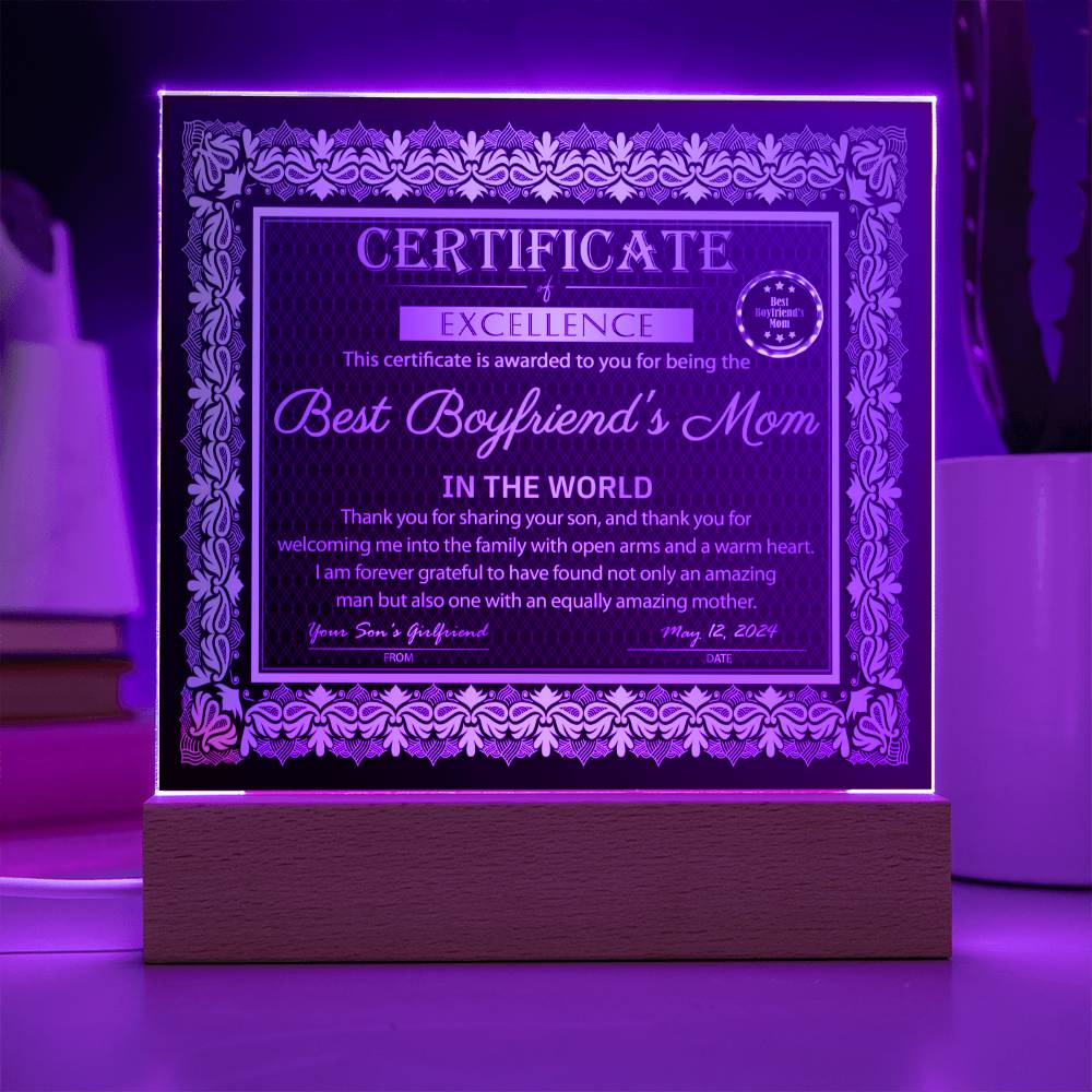 Best Boyfriend's Mom Certificate - Acrylic Display Centerpiece For Boyfriend's Mom