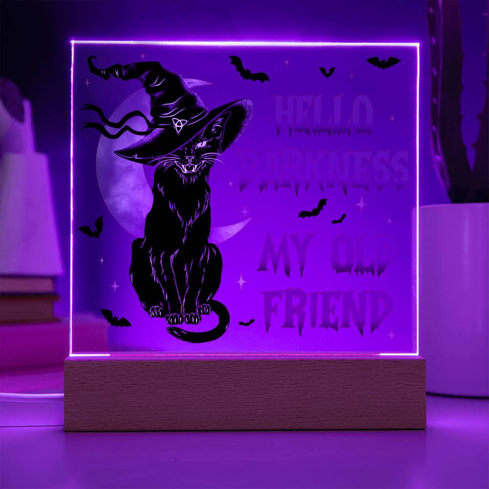 Hello Darkness My Old Friend - Halloween-Themed Acrylic Display Centerpiece (Cat in witch's hat version)