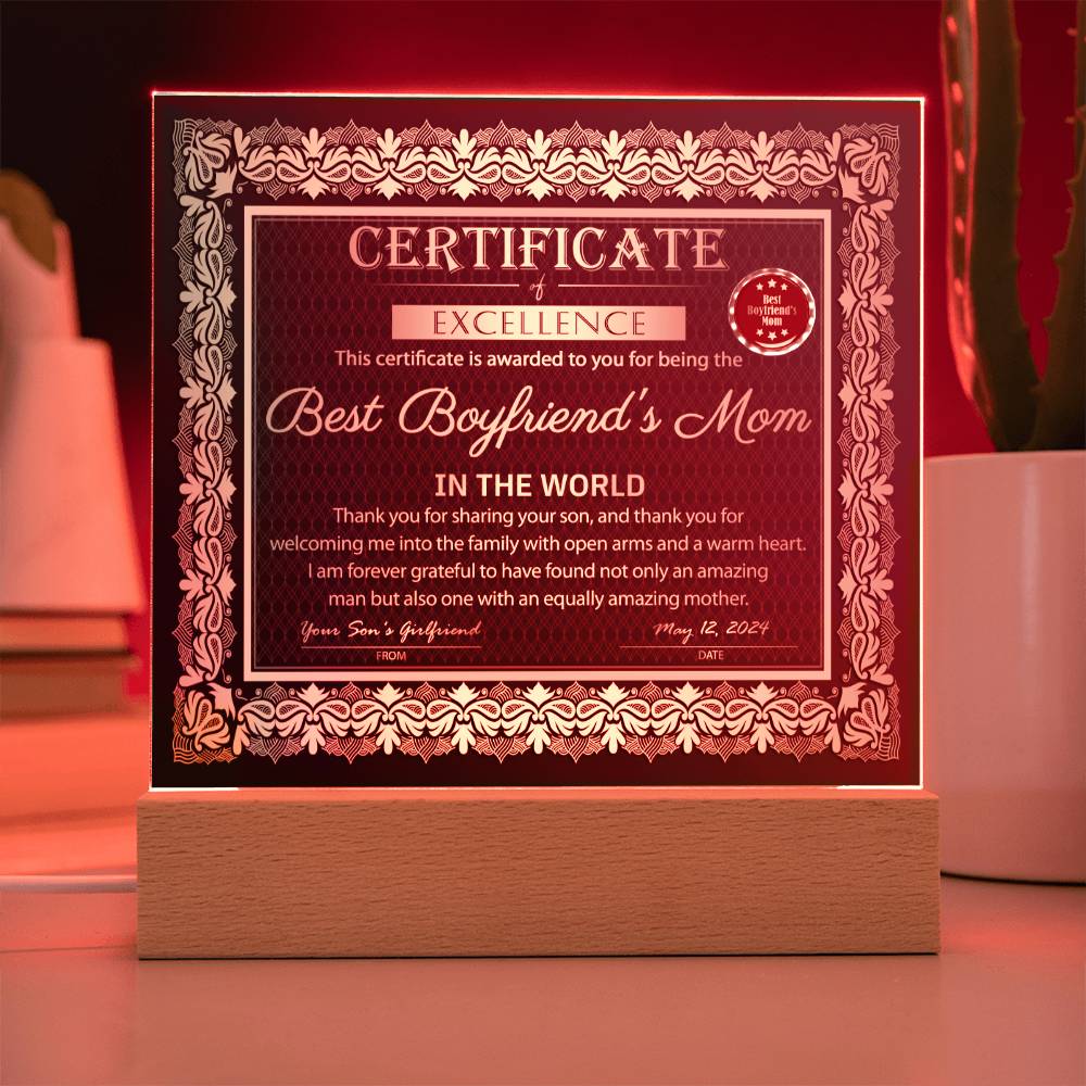 Best Boyfriend's Mom Certificate - Acrylic Display Centerpiece For Boyfriend's Mom