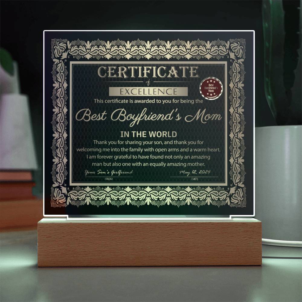 Best Boyfriend's Mom Certificate - Acrylic Display Centerpiece For Boyfriend's Mom