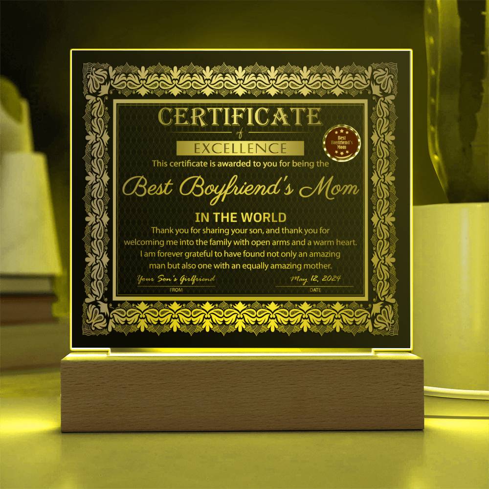 Best Boyfriend's Mom Certificate - Acrylic Display Centerpiece For Boyfriend's Mom